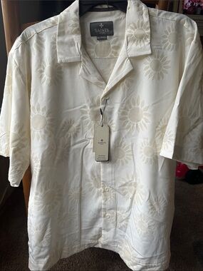 Men's Ivory Sunflower Short Sleeve Button-Down Shirt with shorts swimwear Sz XL